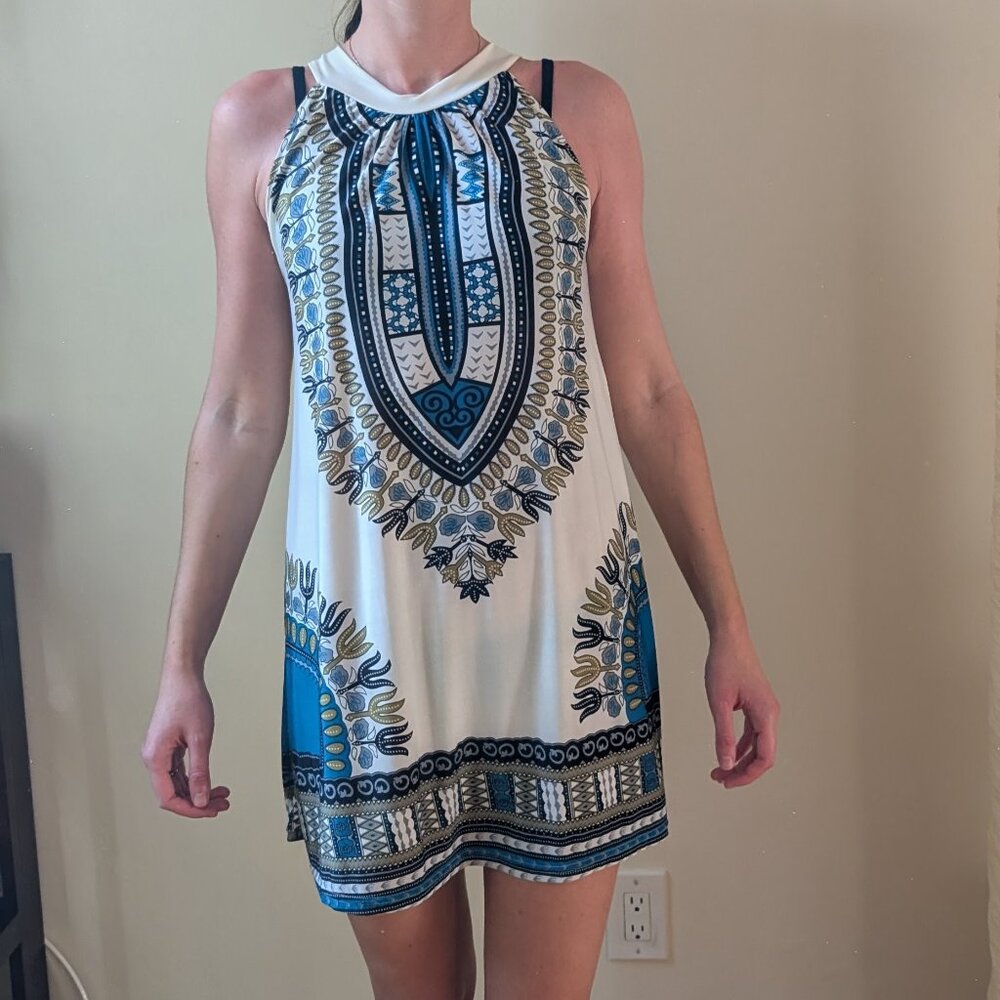 Graphic Print Mini Tie Neck Dress S M White Blue Teal Tribal Tropical Halter - Picture 7 of 7